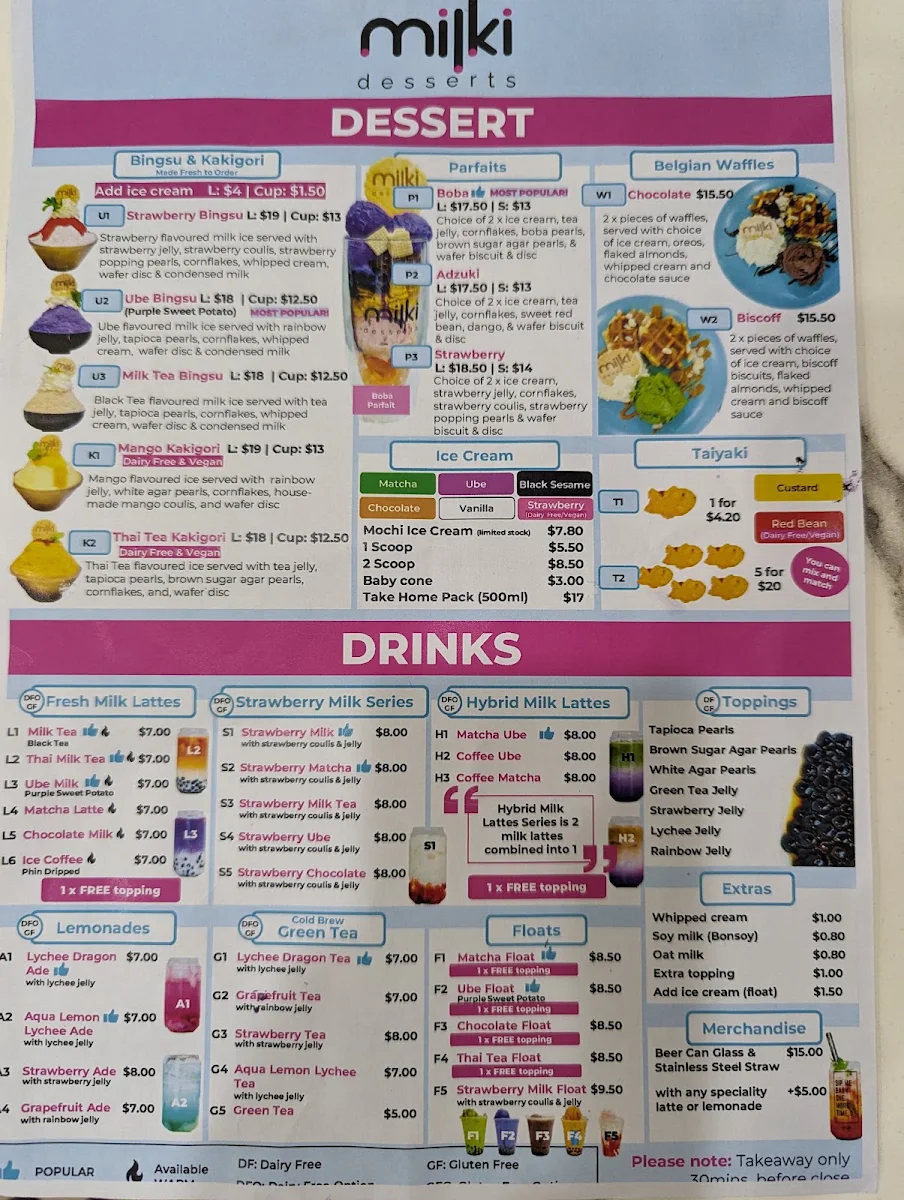 Menu, Milki Desserts
