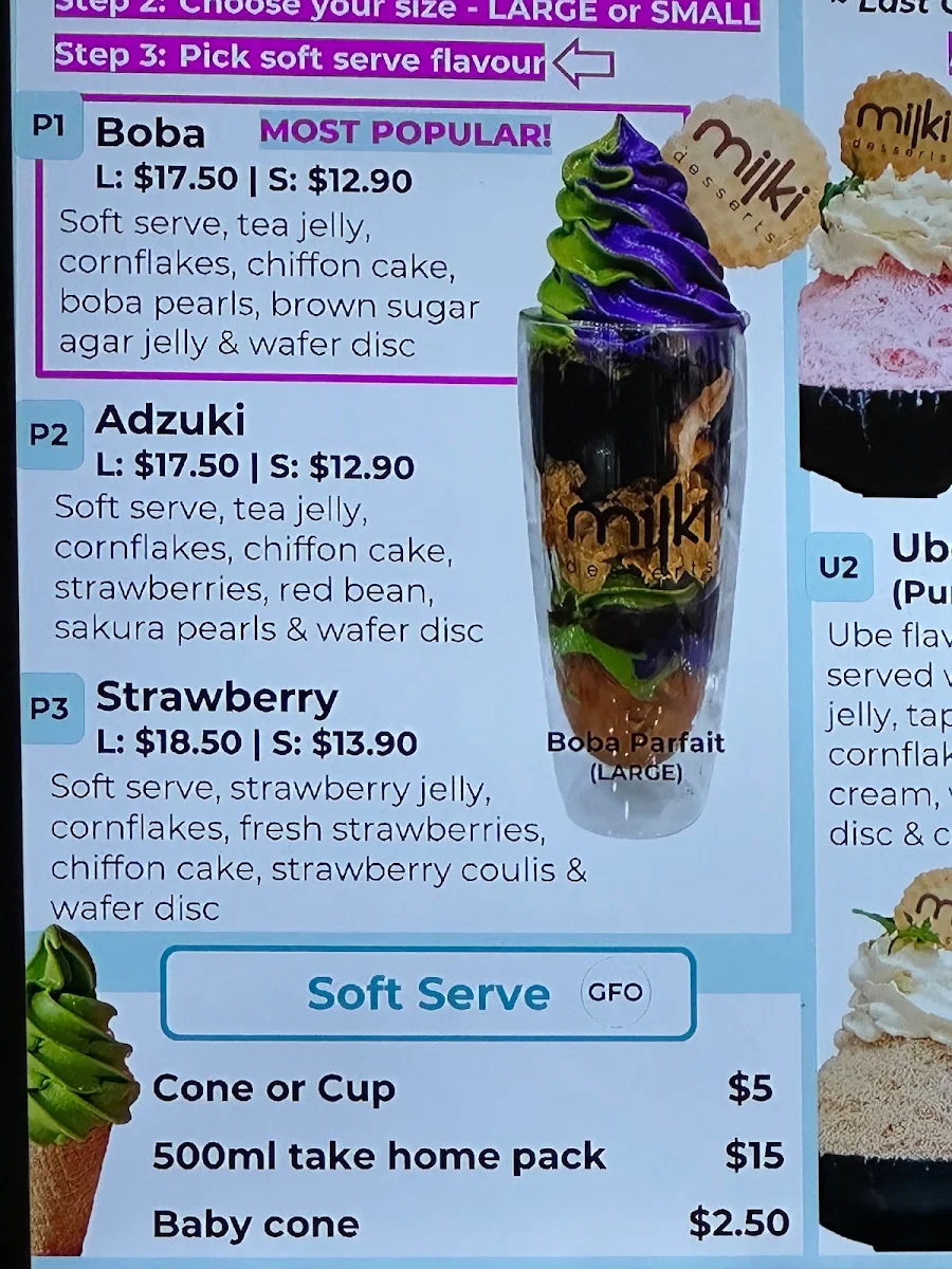 Menu, Milki Desserts