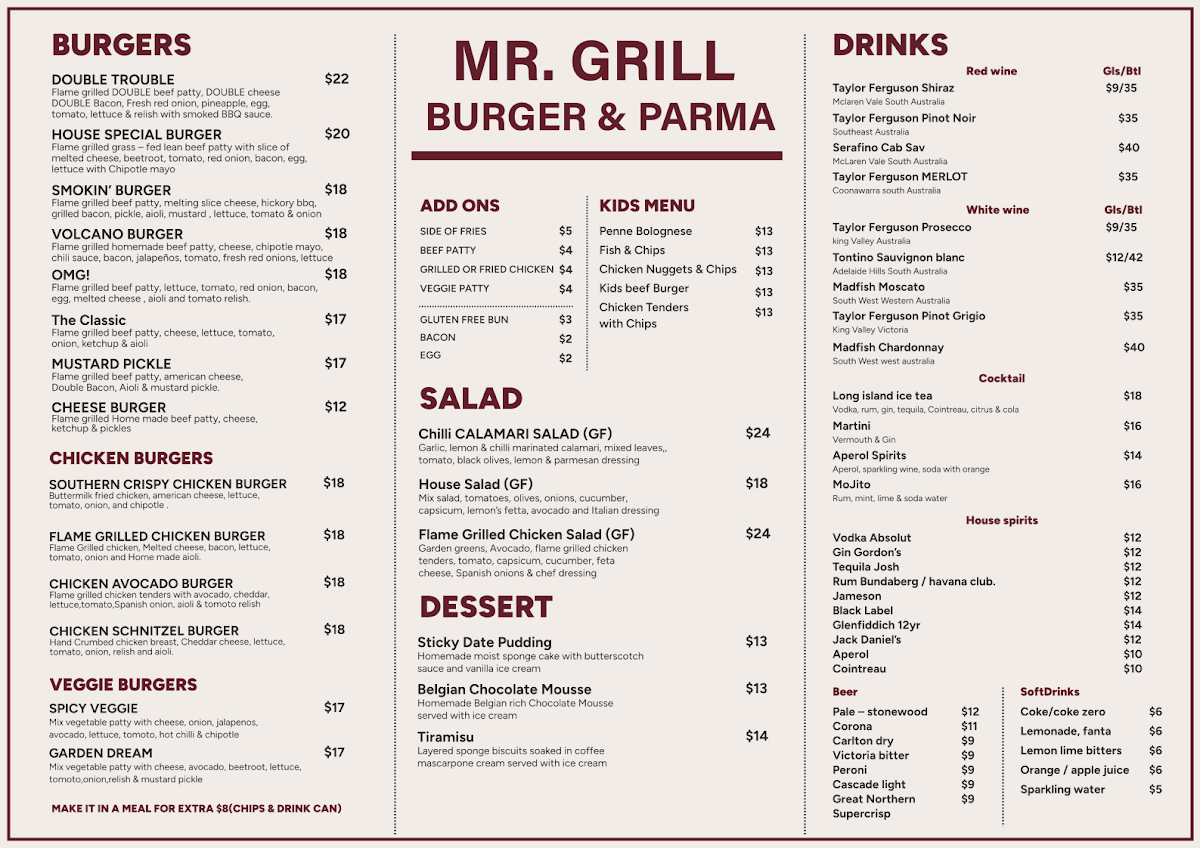 Menu, Mr. Grill Burger & Parma