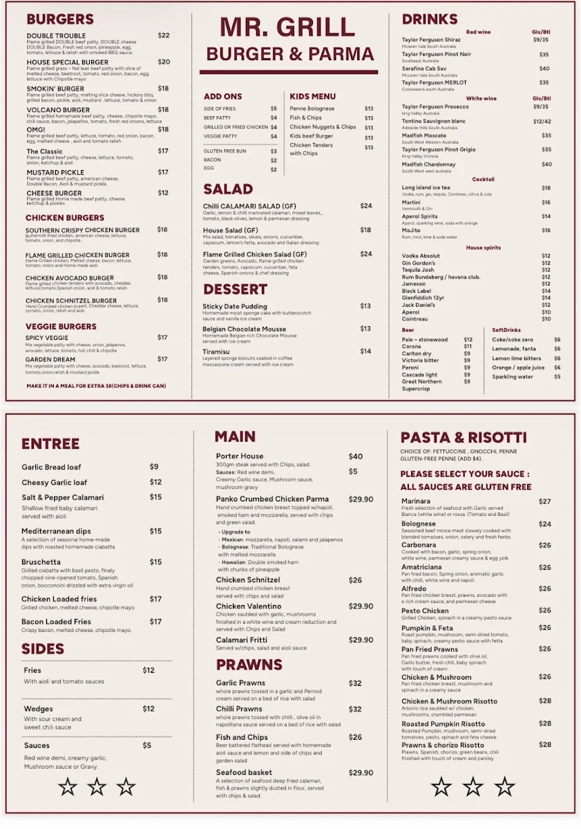 Menu, Mr. Grill Burger & Parma