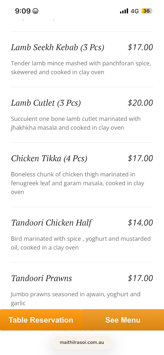 Menu, Maithil Rasoi