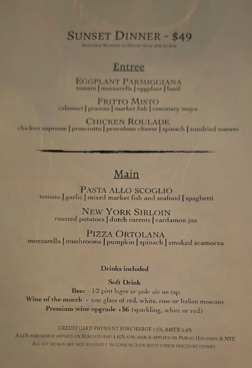 Menu, Baia The Italian
