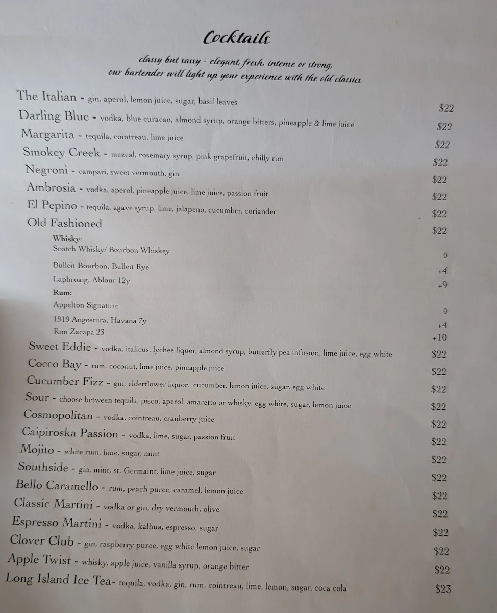 Menu, Baia The Italian