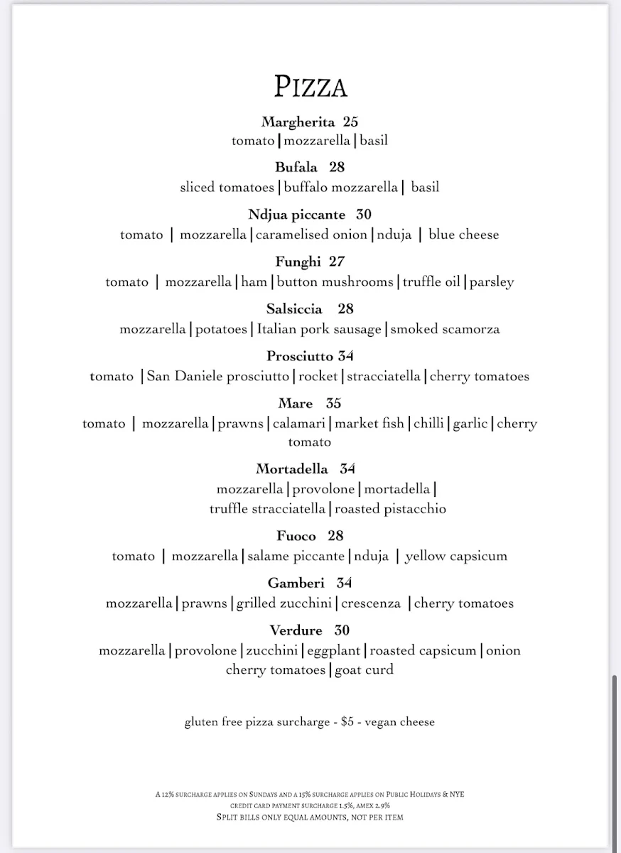 Menu, Baia The Italian