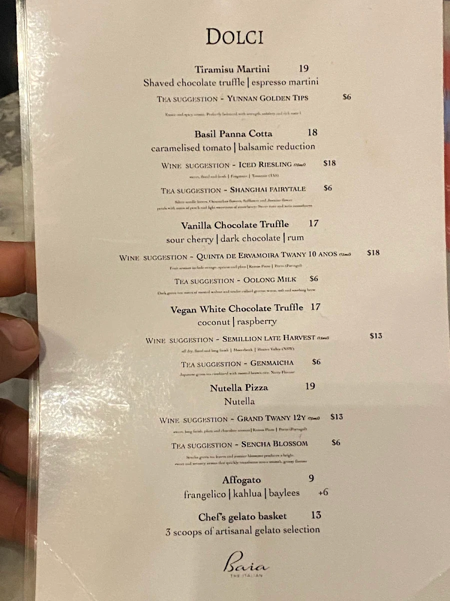 Menu, Baia The Italian
