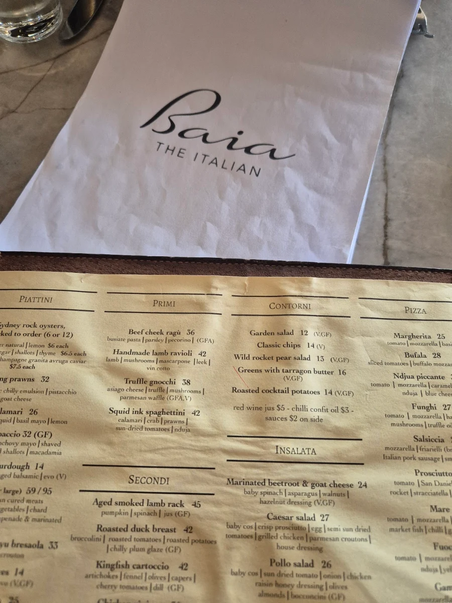 Menu, Baia The Italian
