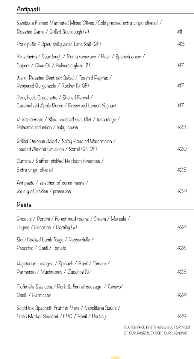 Menu, Baia The Italian