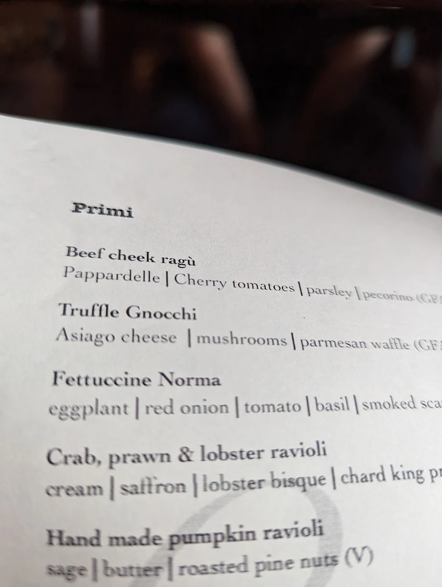 Menu, Baia The Italian