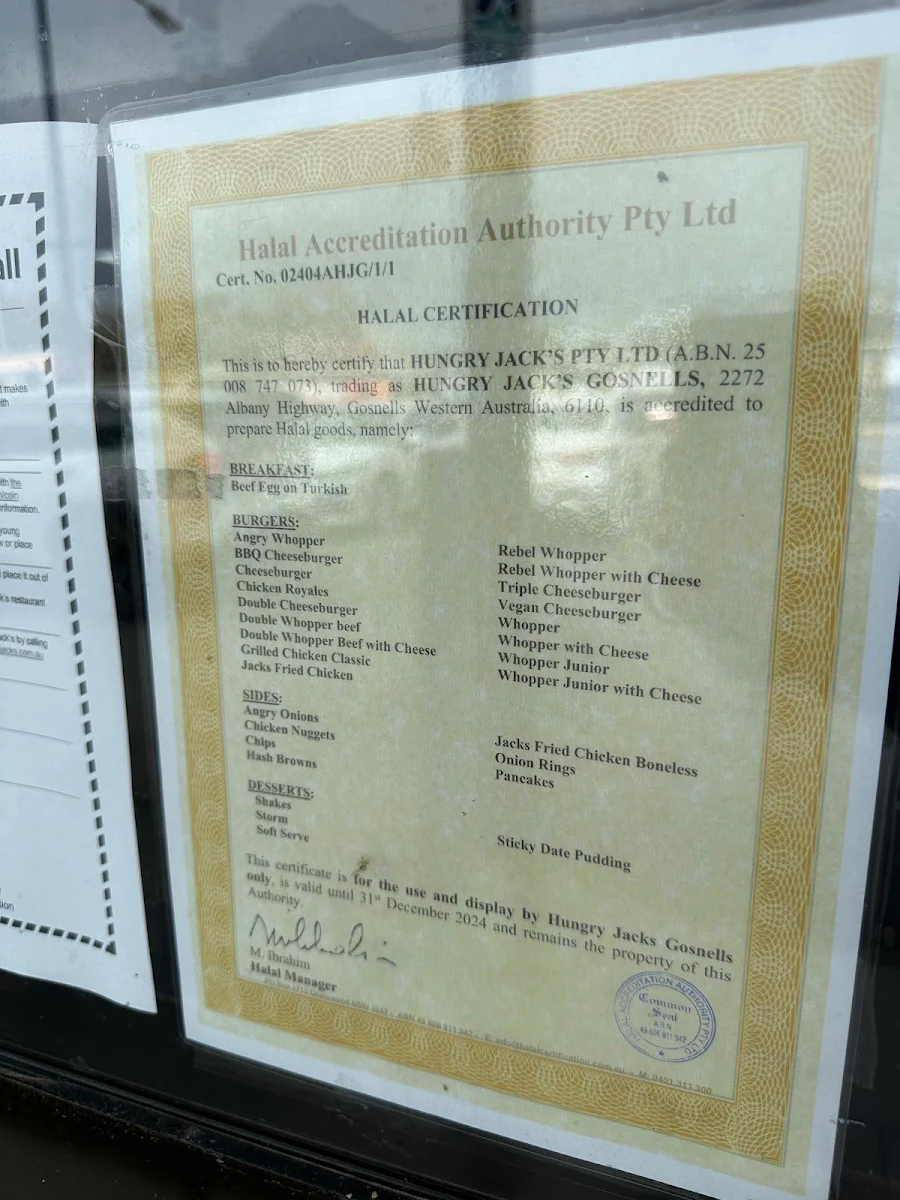 Menu, Hungry Jack's Burgers Gosnells