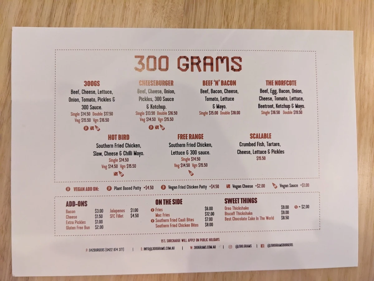 Menu, 300 Grams