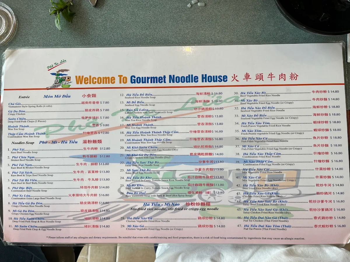 Menu, Gourmet Noodle House
