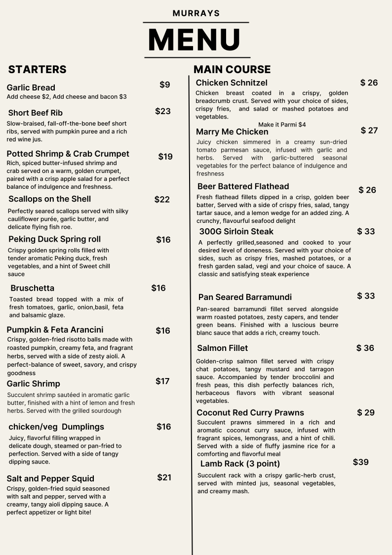 Menu, Murrays Restaurant and Cafe