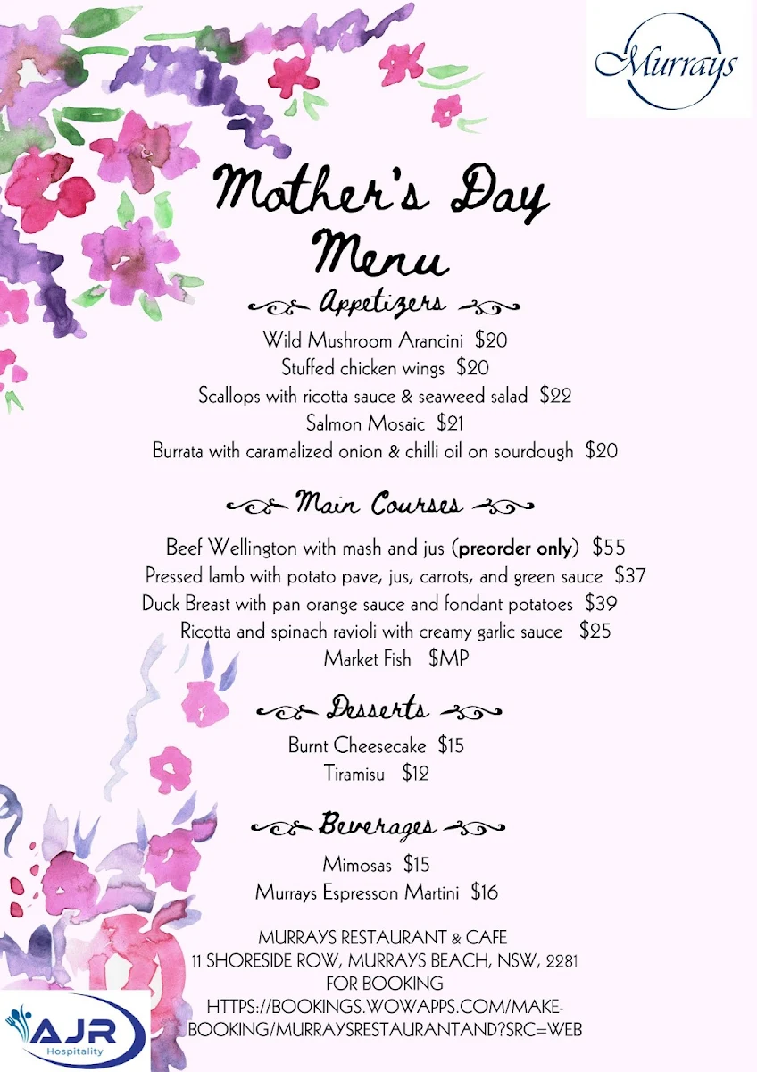 Menu, Murrays Restaurant and Cafe