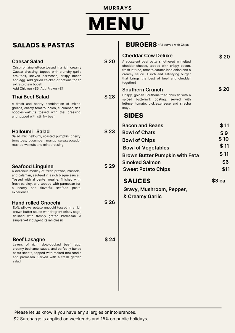 Menu, Murrays Restaurant and Cafe