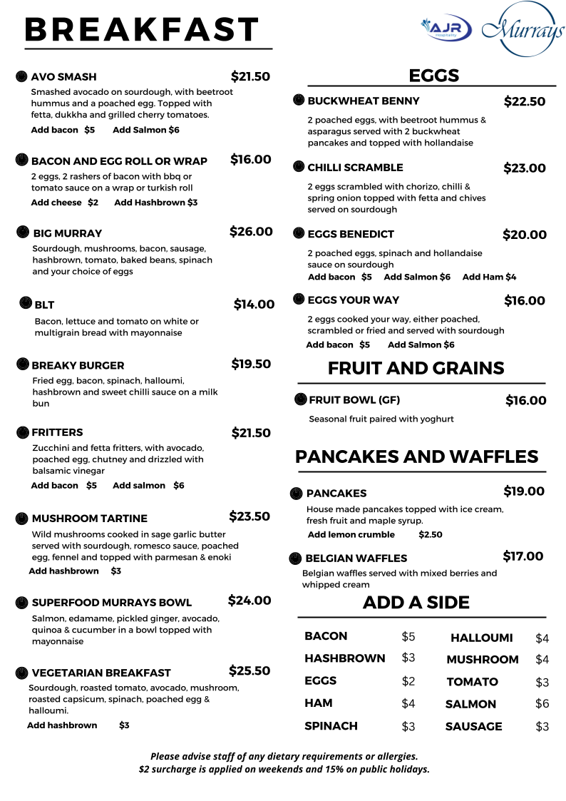 Menu, Murrays Restaurant and Cafe