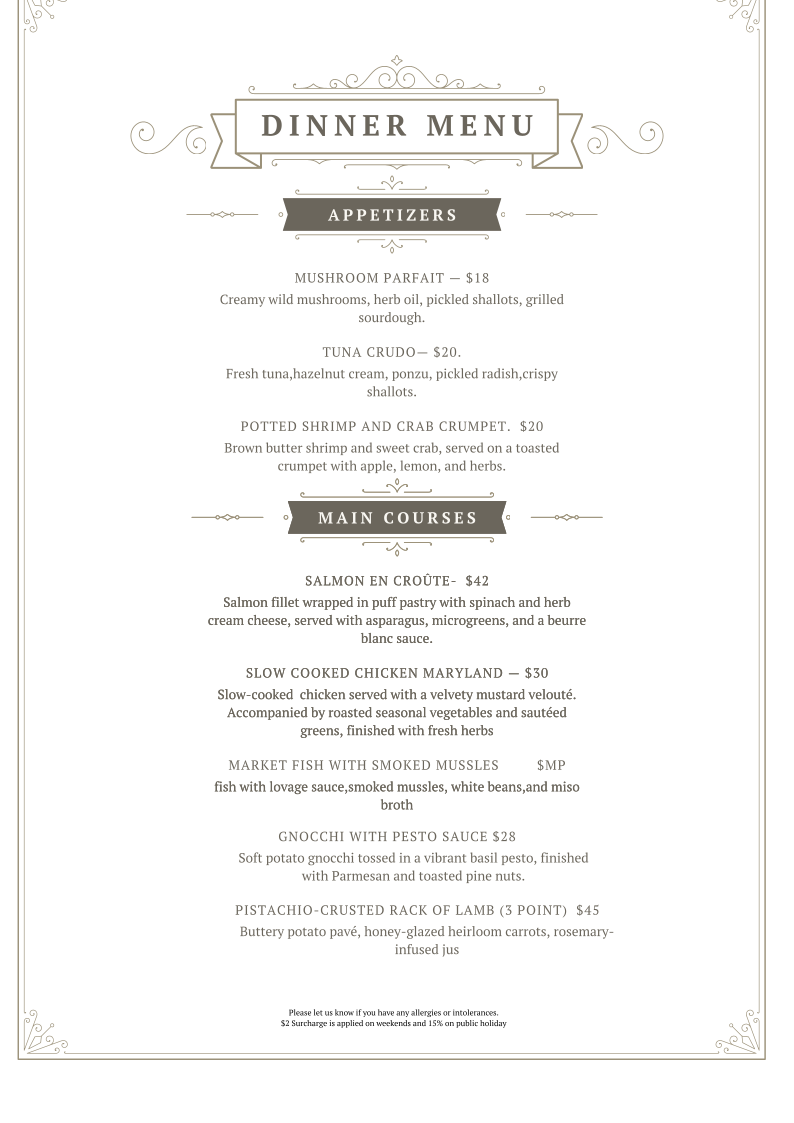 Menu, Murrays Restaurant and Cafe