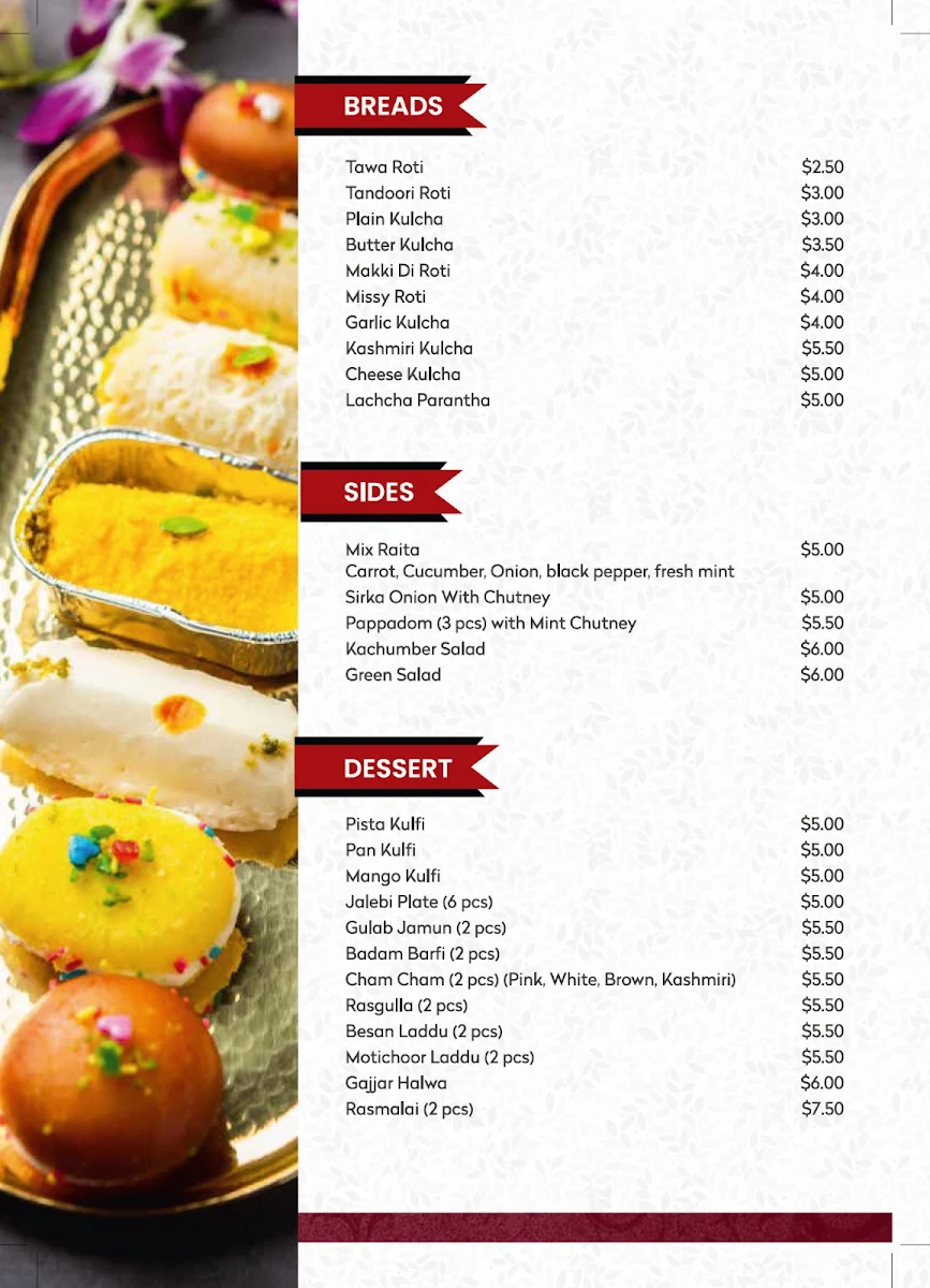 Menu, Baba Sweets Truganina