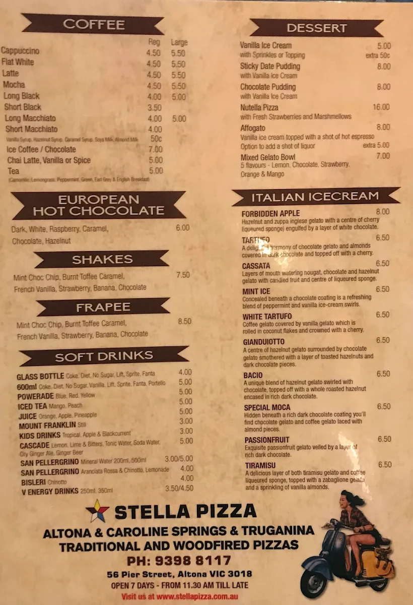 Menu, Stella Pizza Altona