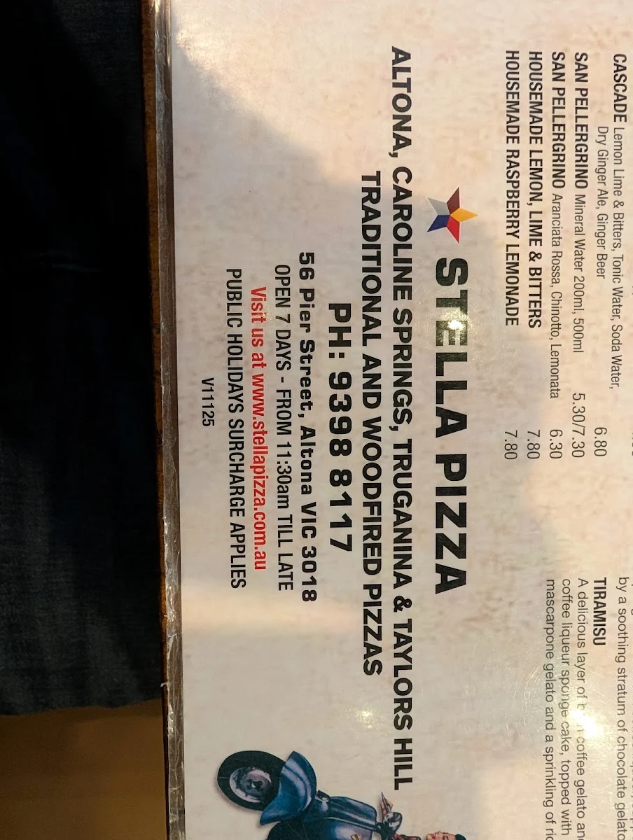 Menu, Stella Pizza Altona