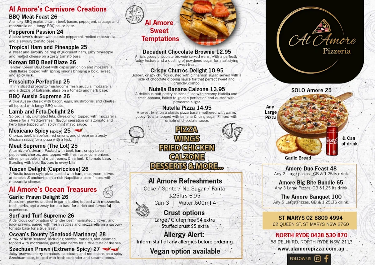 Menu, AL AMORE PIZZERIA ST MARYS