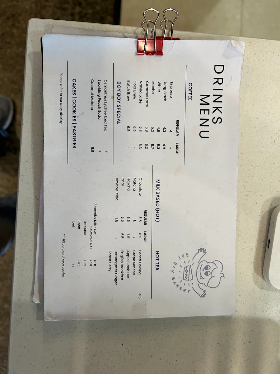 Menu, Boy Boy Bakery