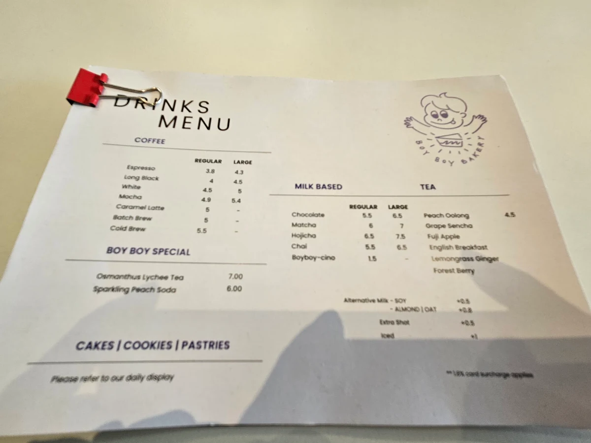 Menu, Boy Boy Bakery