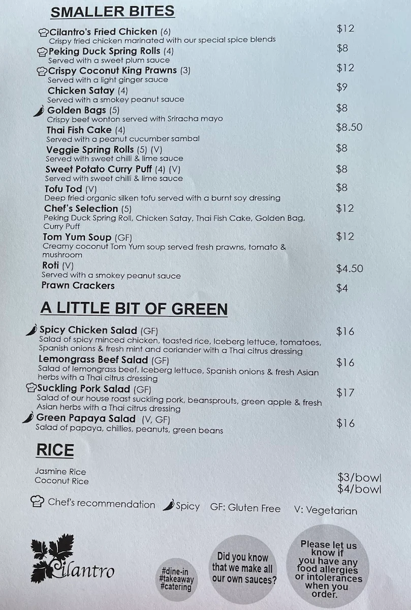 Menu, Cilantro Thai Kitchen