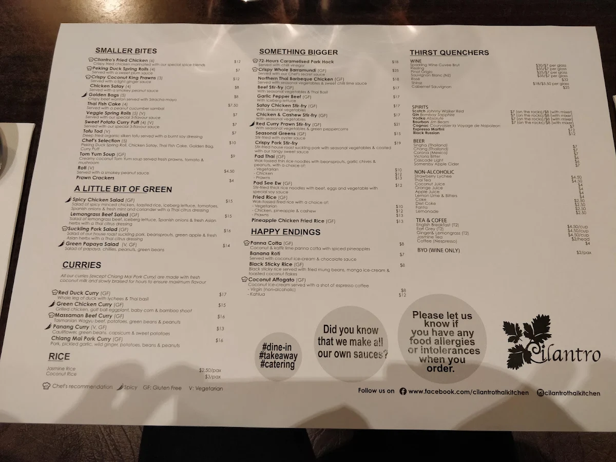 Menu, Cilantro Thai Kitchen