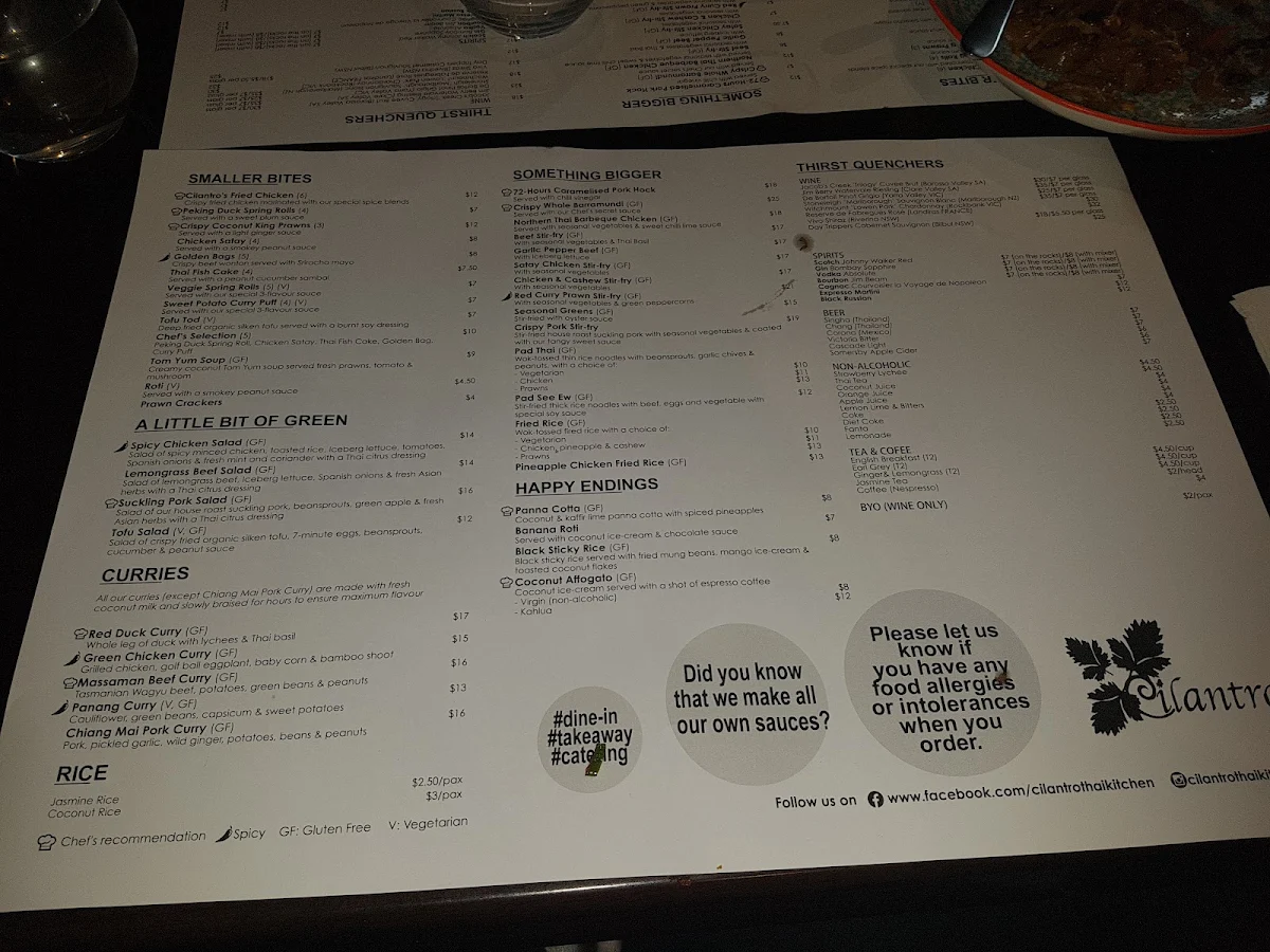 Menu, Cilantro Thai Kitchen