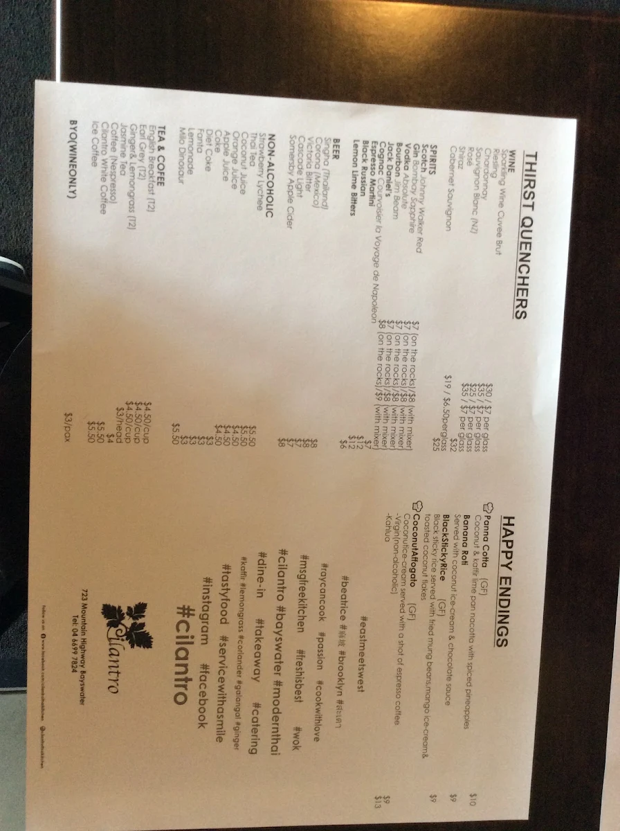 Menu, Cilantro Thai Kitchen