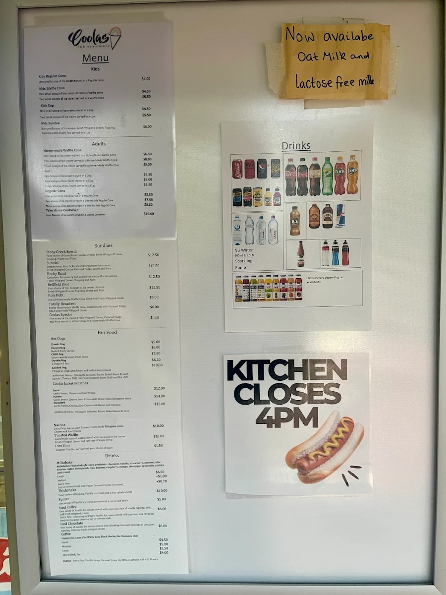 Menu, Coolas Icecreamery