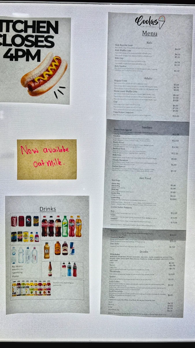 Menu, Coolas Icecreamery