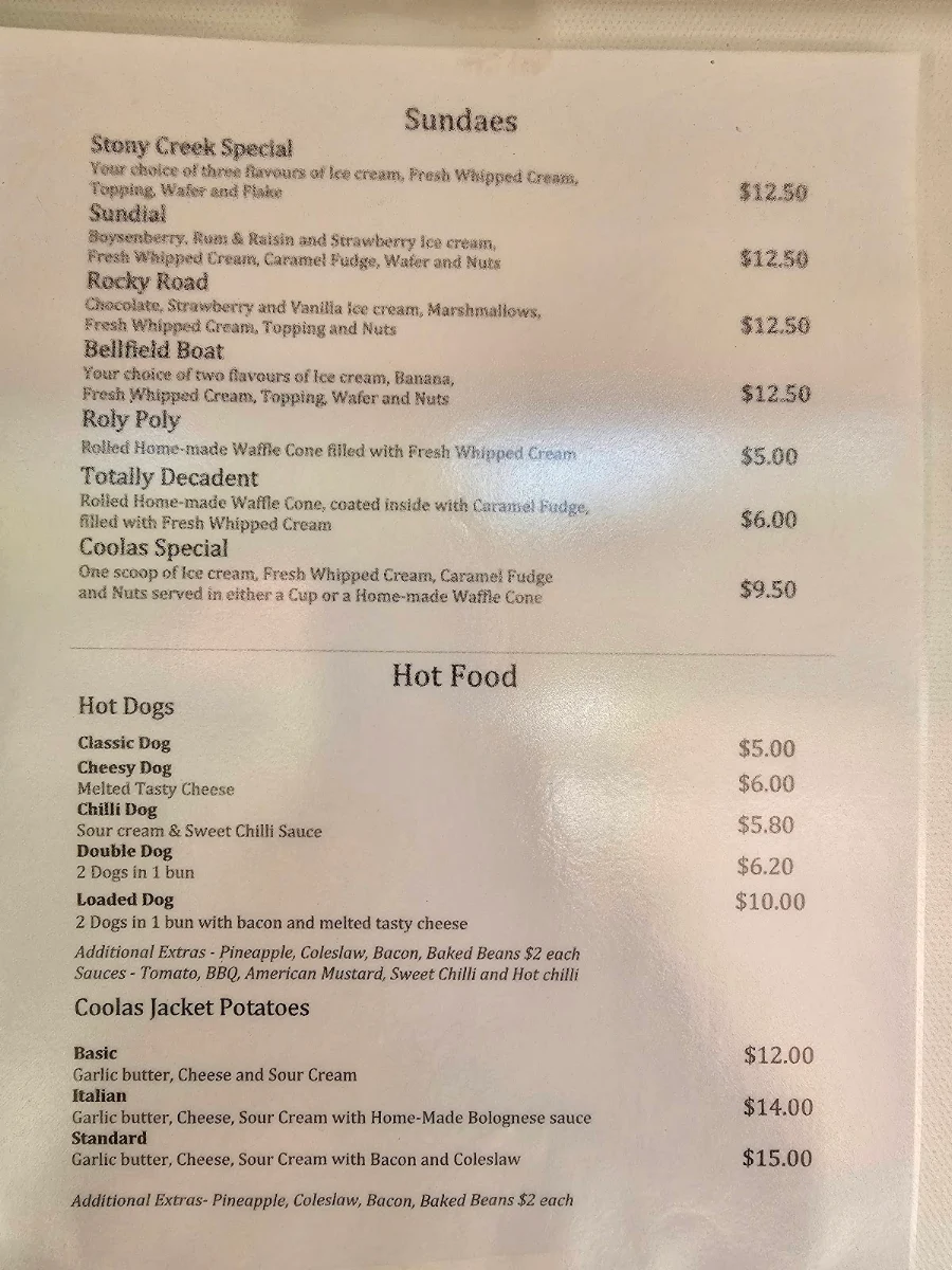 Menu, Coolas Icecreamery