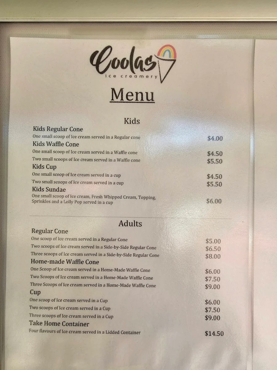 Menu, Coolas Icecreamery