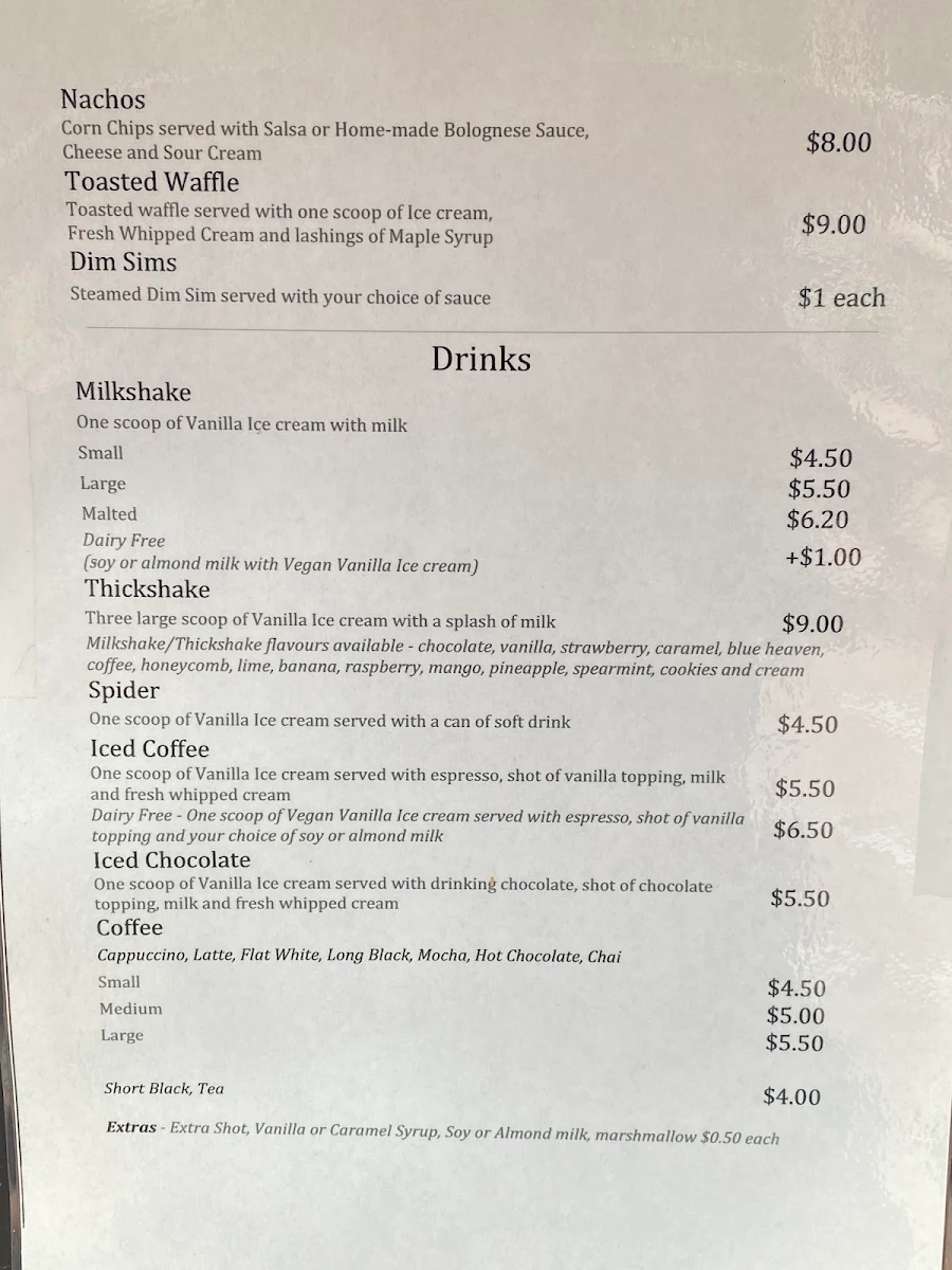 Menu, Coolas Icecreamery