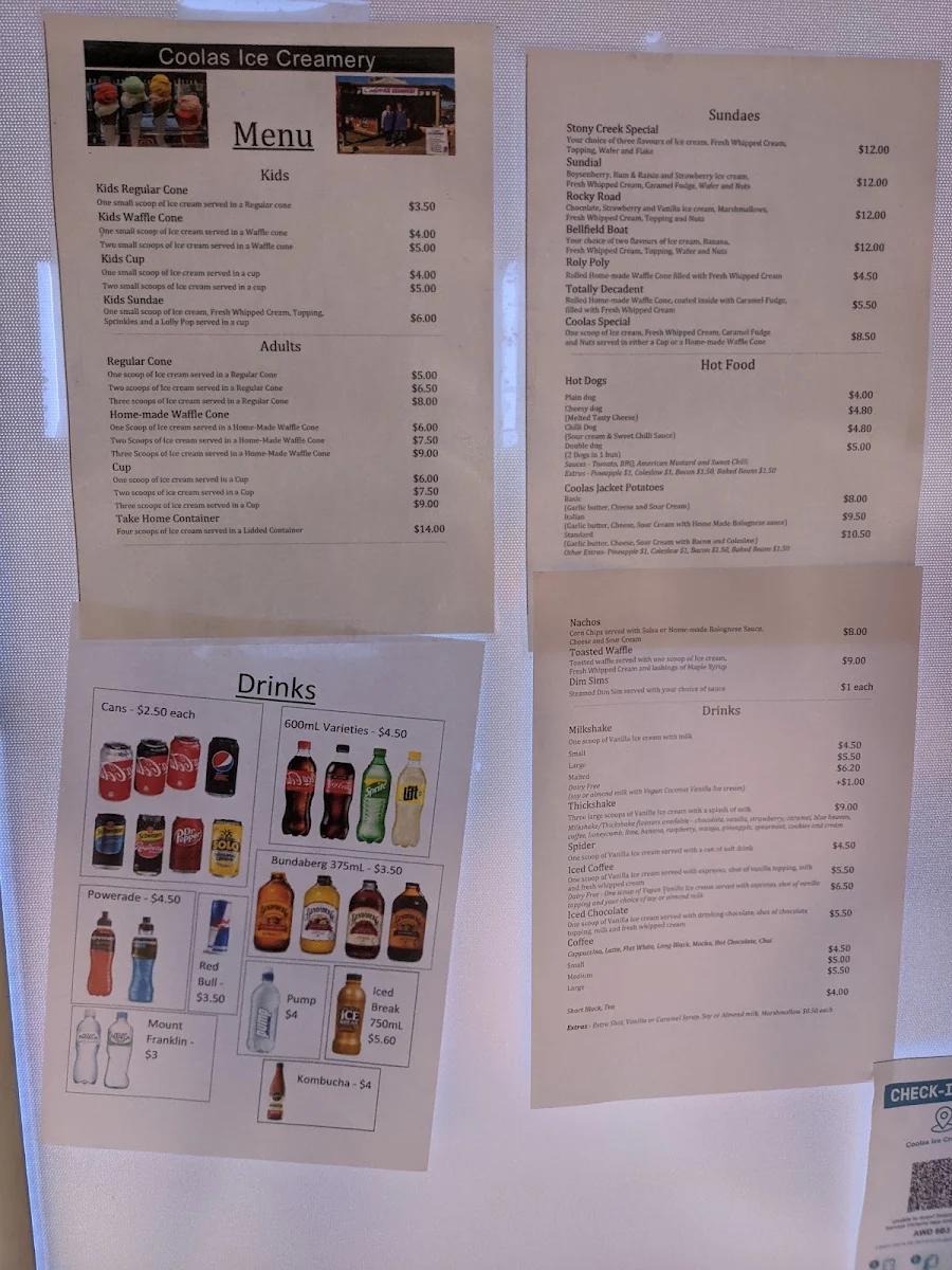 Menu, Coolas Icecreamery