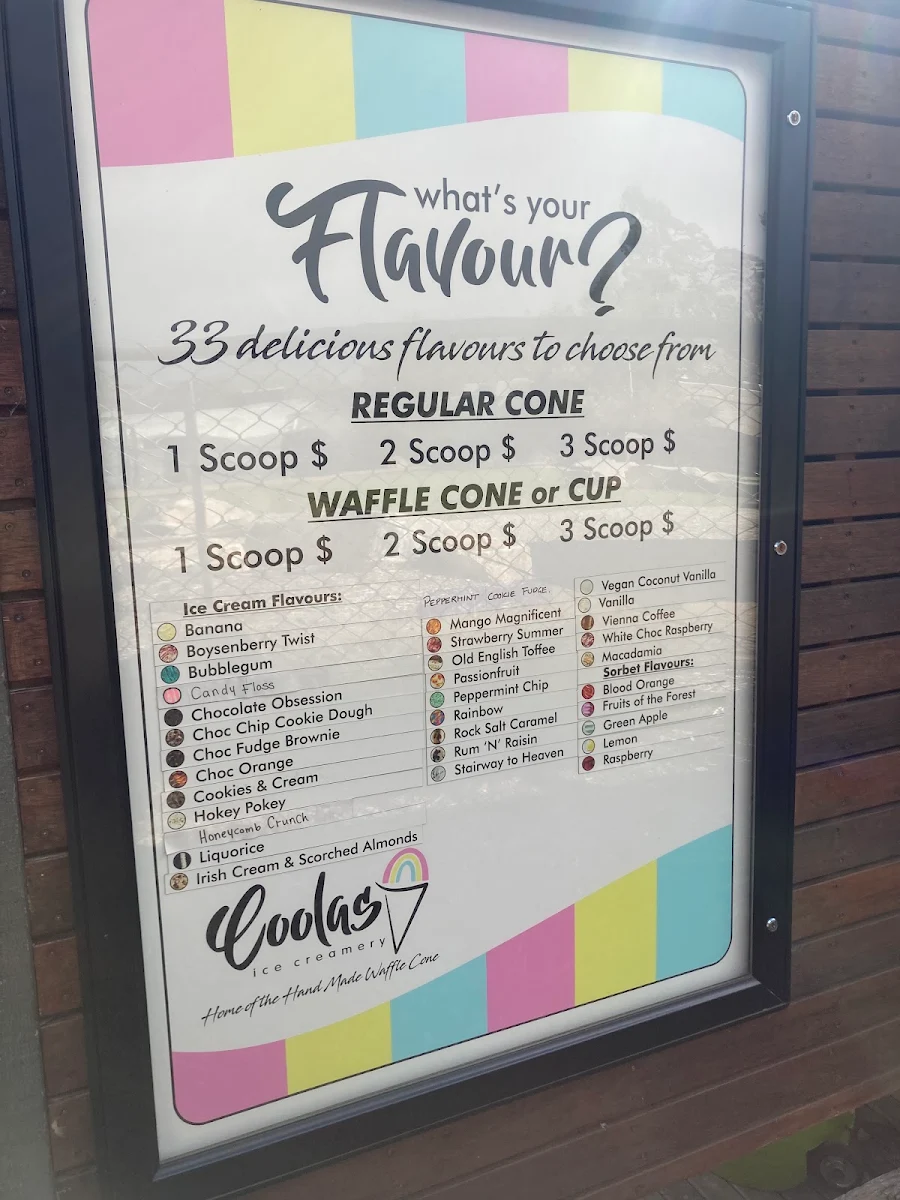 Menu, Coolas Icecreamery