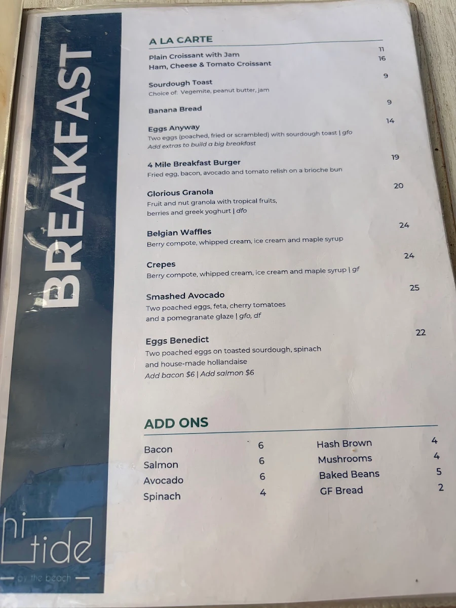 Menu, Hi Tide by the beach