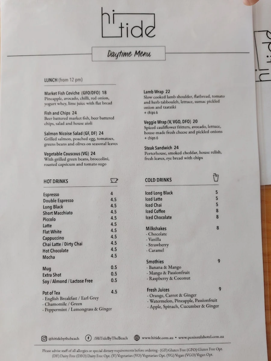 Menu, Hi Tide by the beach
