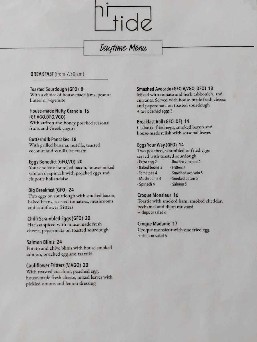 Menu, Hi Tide by the beach