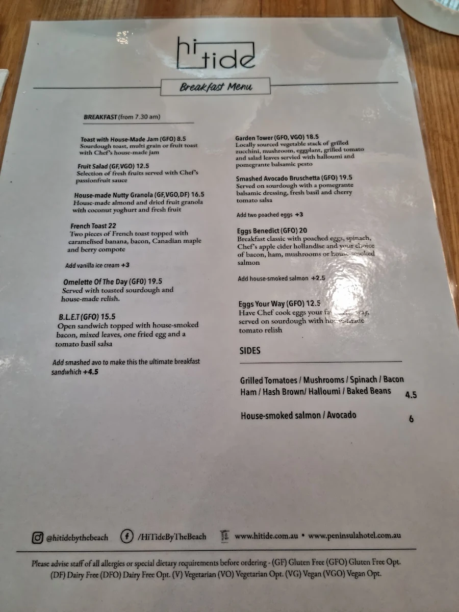 Menu, Hi Tide by the beach