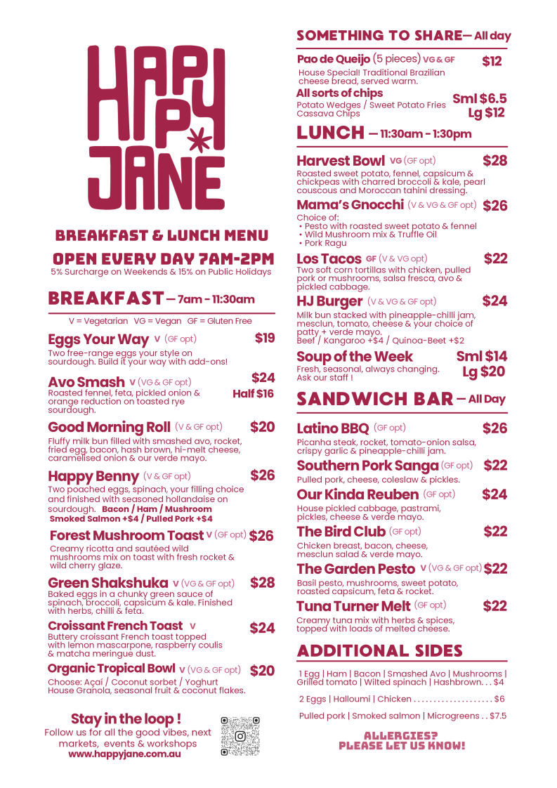 Menu, Happy Jane Cafe