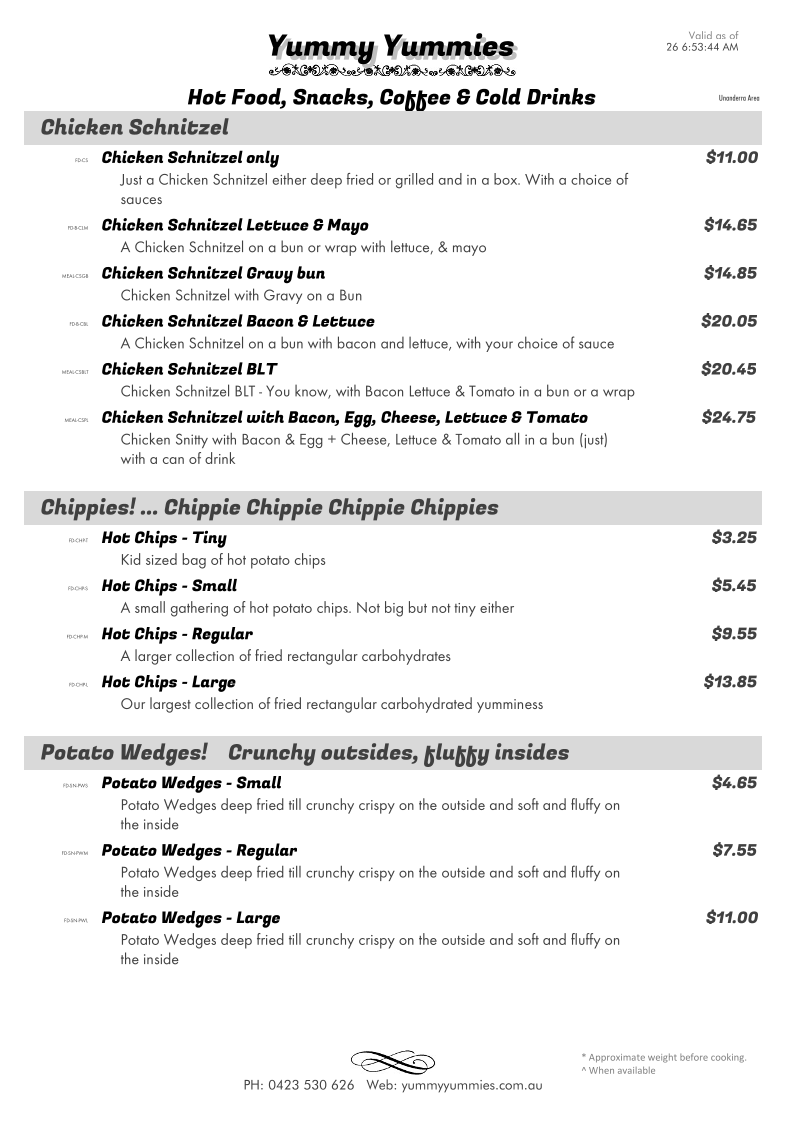 Menu, Yummy Yummies