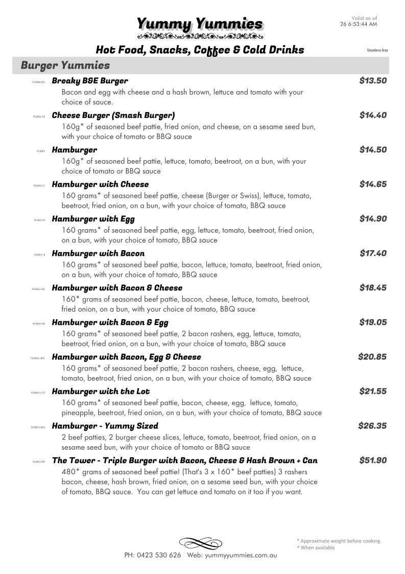 Menu, Yummy Yummies