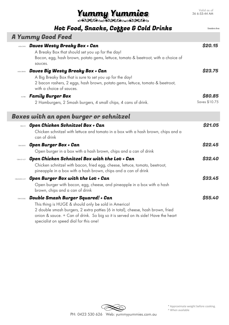 Menu, Yummy Yummies