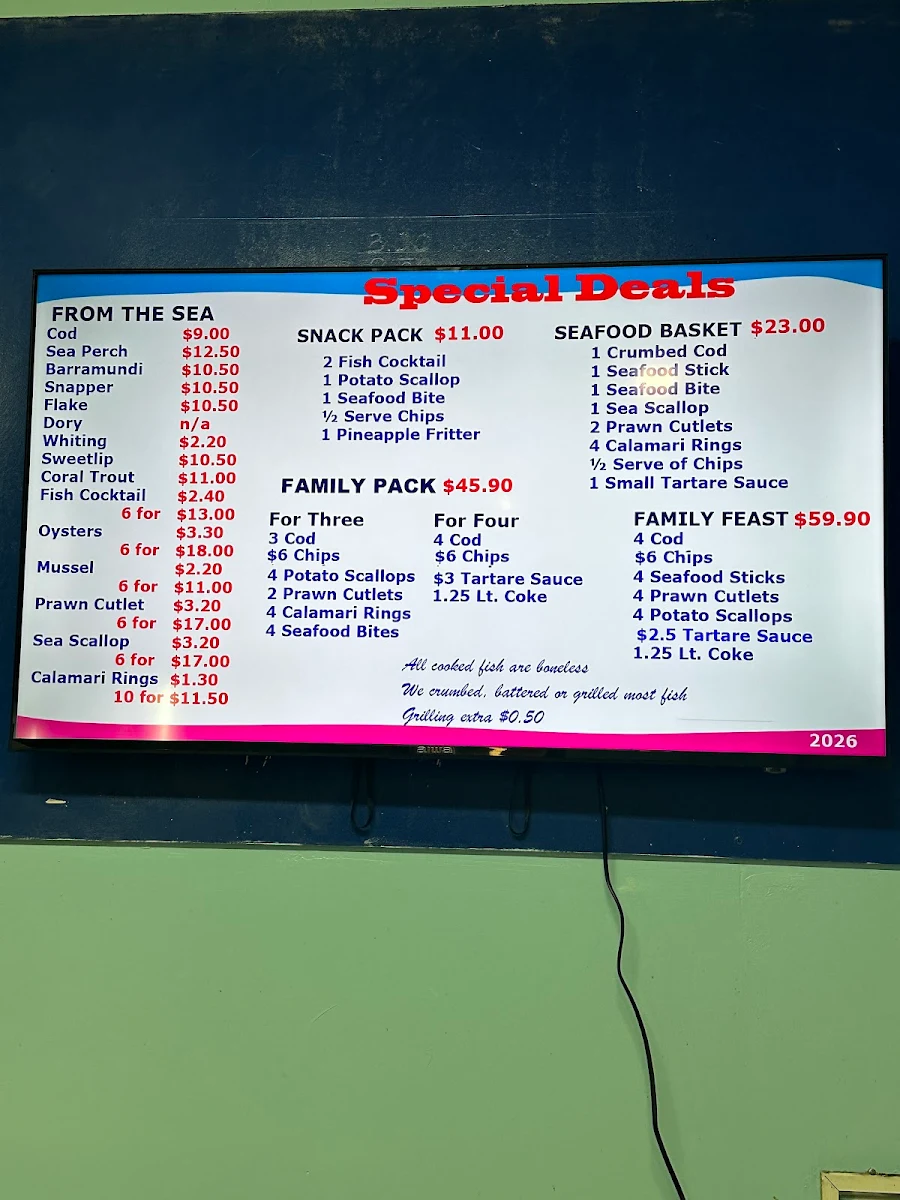 Menu, Tingal Road Seafoods