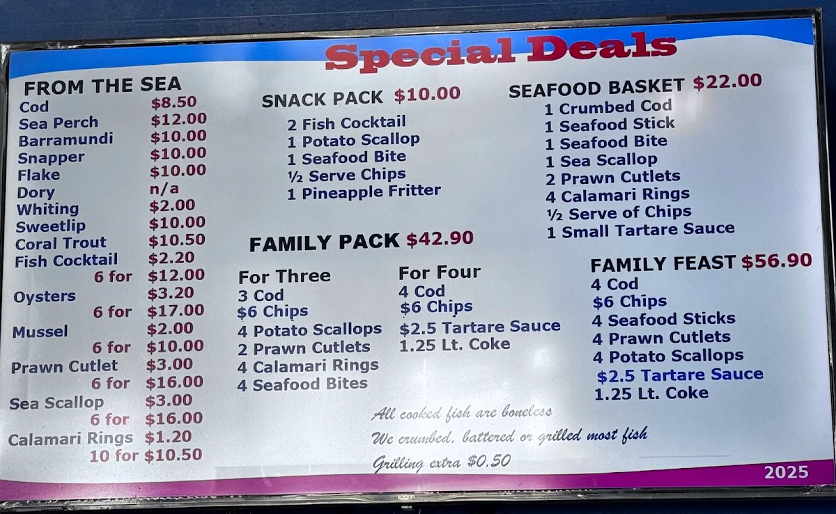 Menu, Tingal Road Seafoods