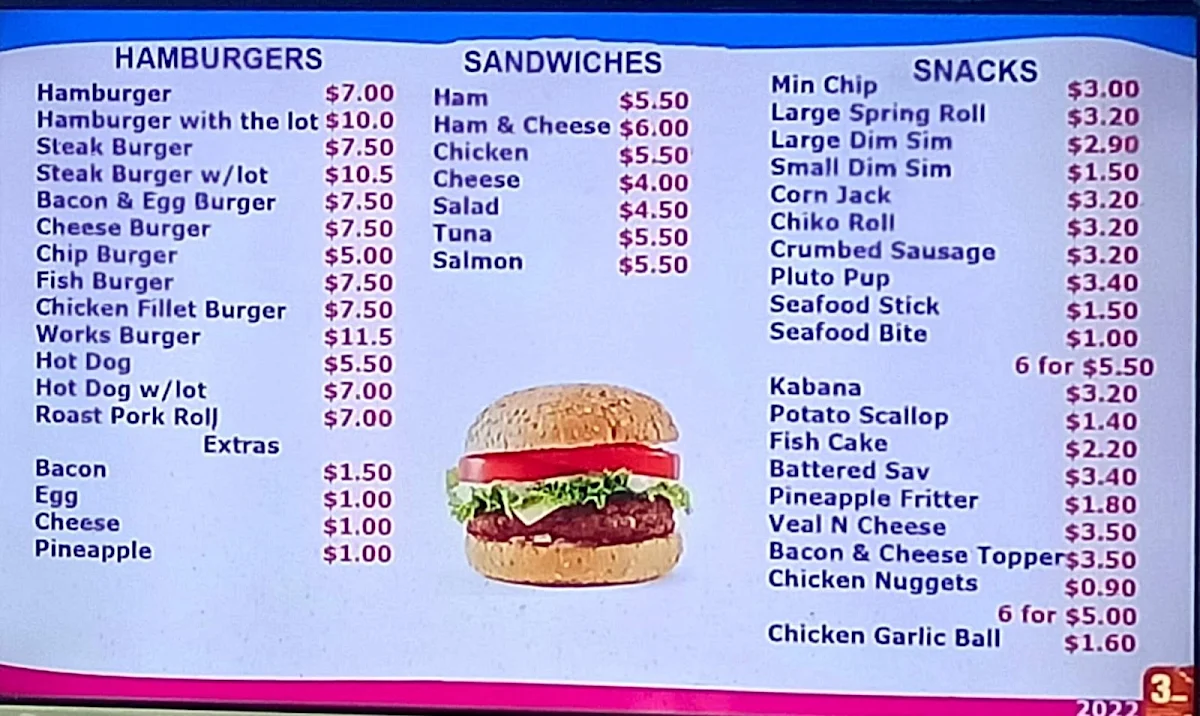 Menu, Tingal Road Seafoods