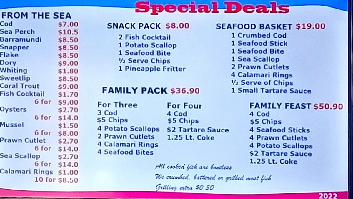 Menu, Tingal Road Seafoods