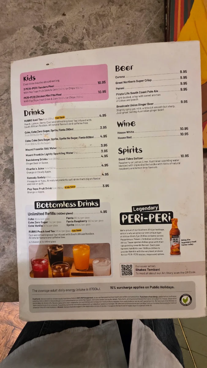 Menu, Nando's Chadstone